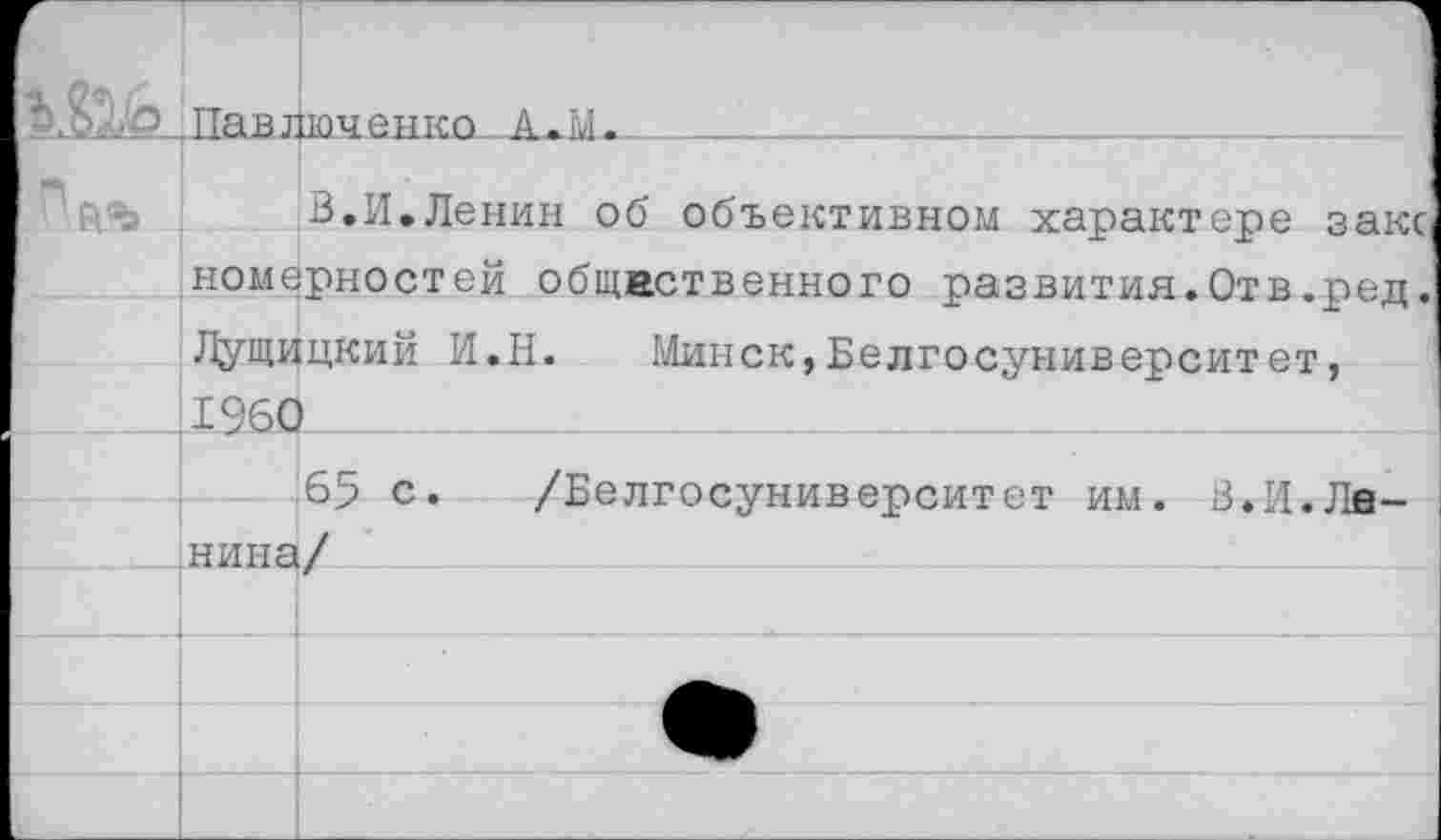 ﻿'В.И.Ленин об объективном характере закс, номерностей общественного развития.Отв.ред. Лущицкий И.Н. Минск,Белгосуниверситет, 1960
65 с. /Белгосуниверситет им. В.И.Ленина/